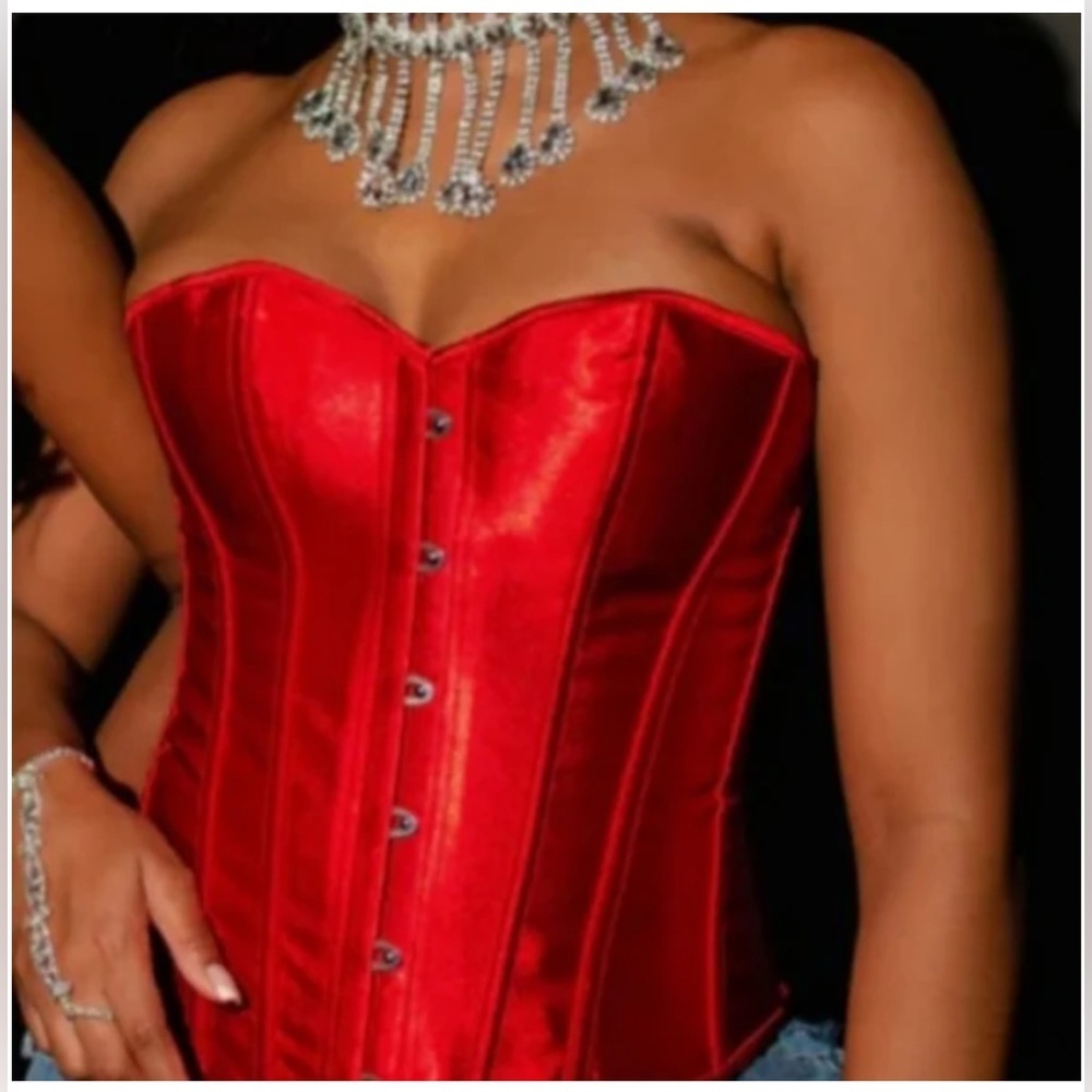 NWT LG Fiery Red Satin Corset Bustier Lace-Up Back Halloween Costume Devil Top
